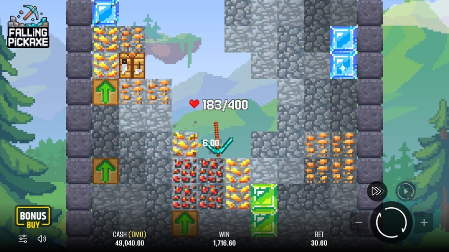 Falling Pickaxe round: a pickaxe digging down through Minecraft-style block layers